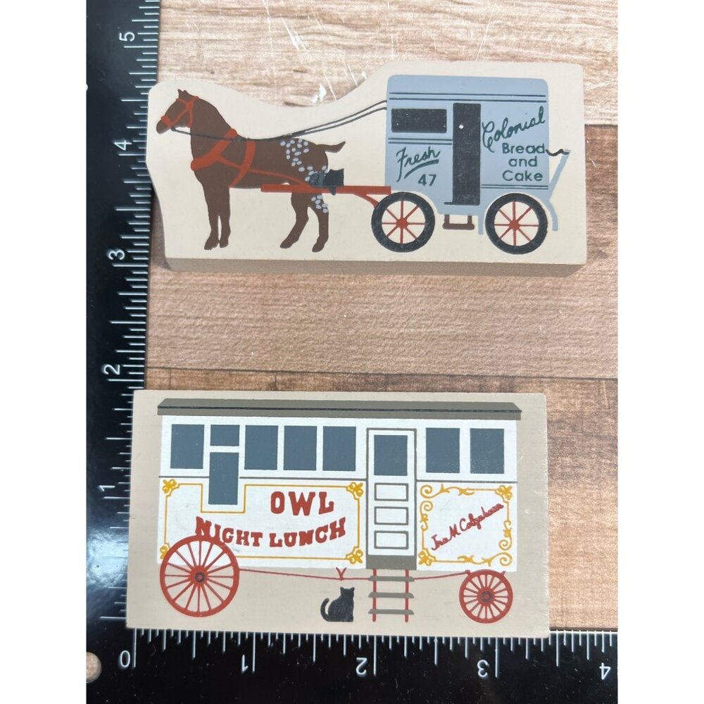 Vintage 1994 The Cats Meow Wood Shelf Sitters Horse Wagon & Owl Night Lunch Desi